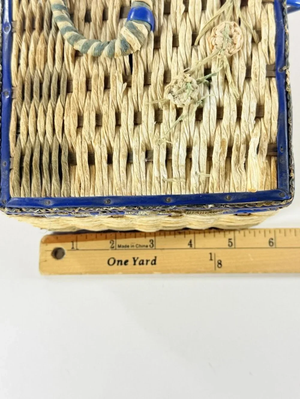 Vintage Woven Sewing Basket With Blue Satin Interior & Assorted Threads
